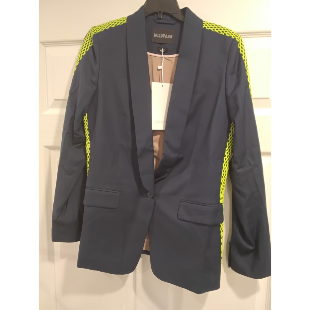 Wildfang Navy Blue Neon Yellow Mesh Panel Blazer Jacket Womens Medium NWT